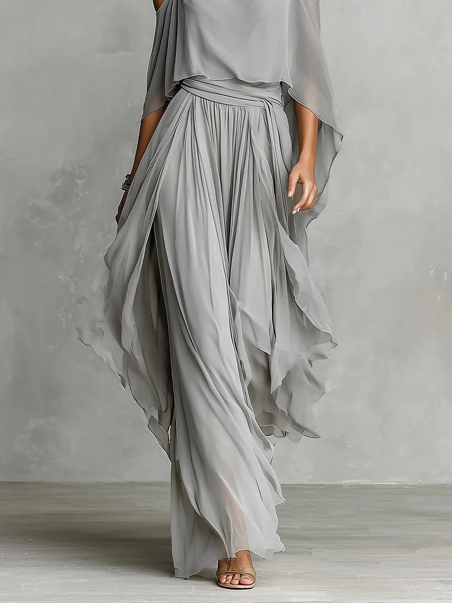 Isabela | Elegant Grey Fluid Set with Straps Top & Lightweight Pants