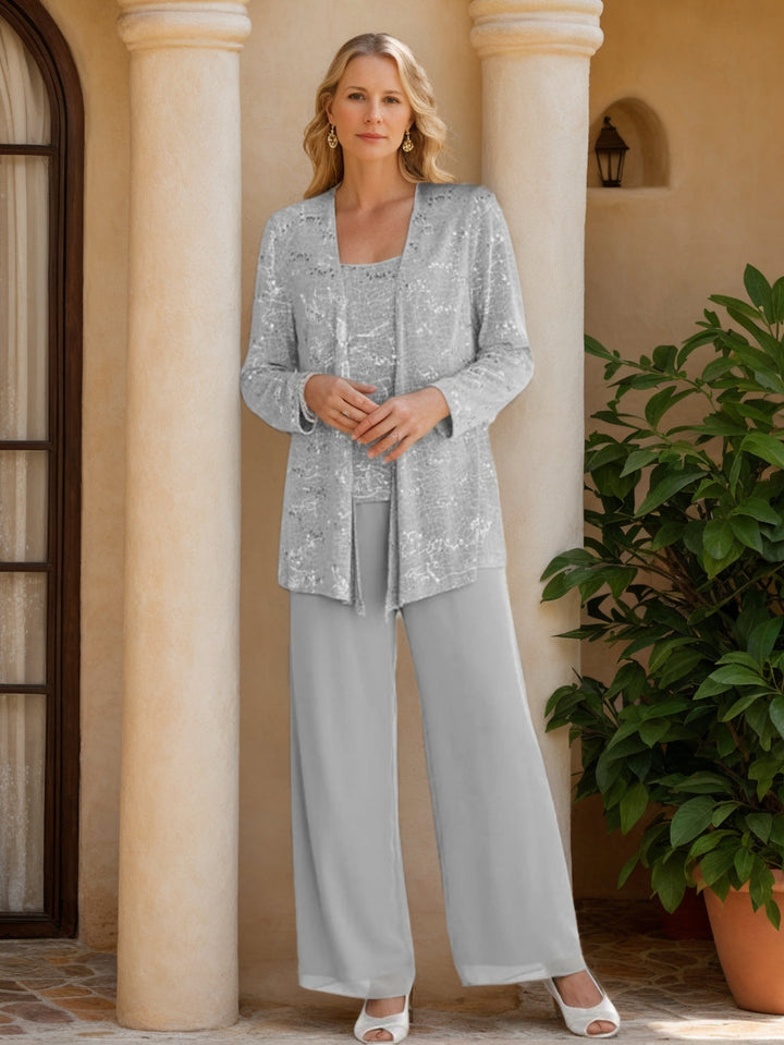 Chiffon Mother of the Bride Pantsuits with Jacket & Sequins