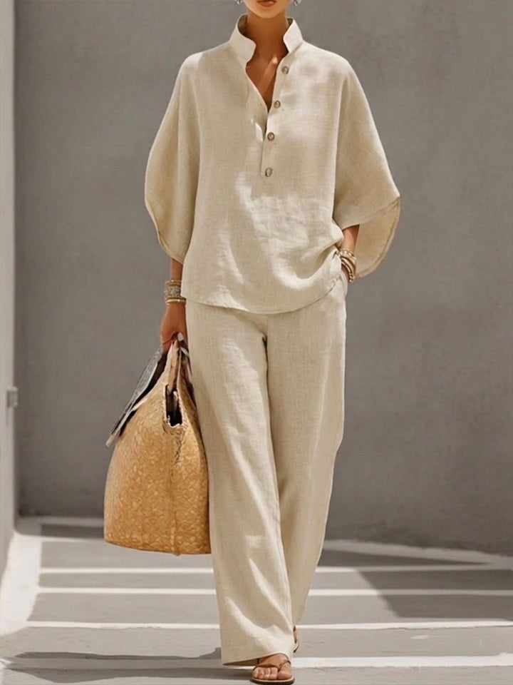 Mariel | Cotton Linen Batwing Sleeve Wide Pants Set