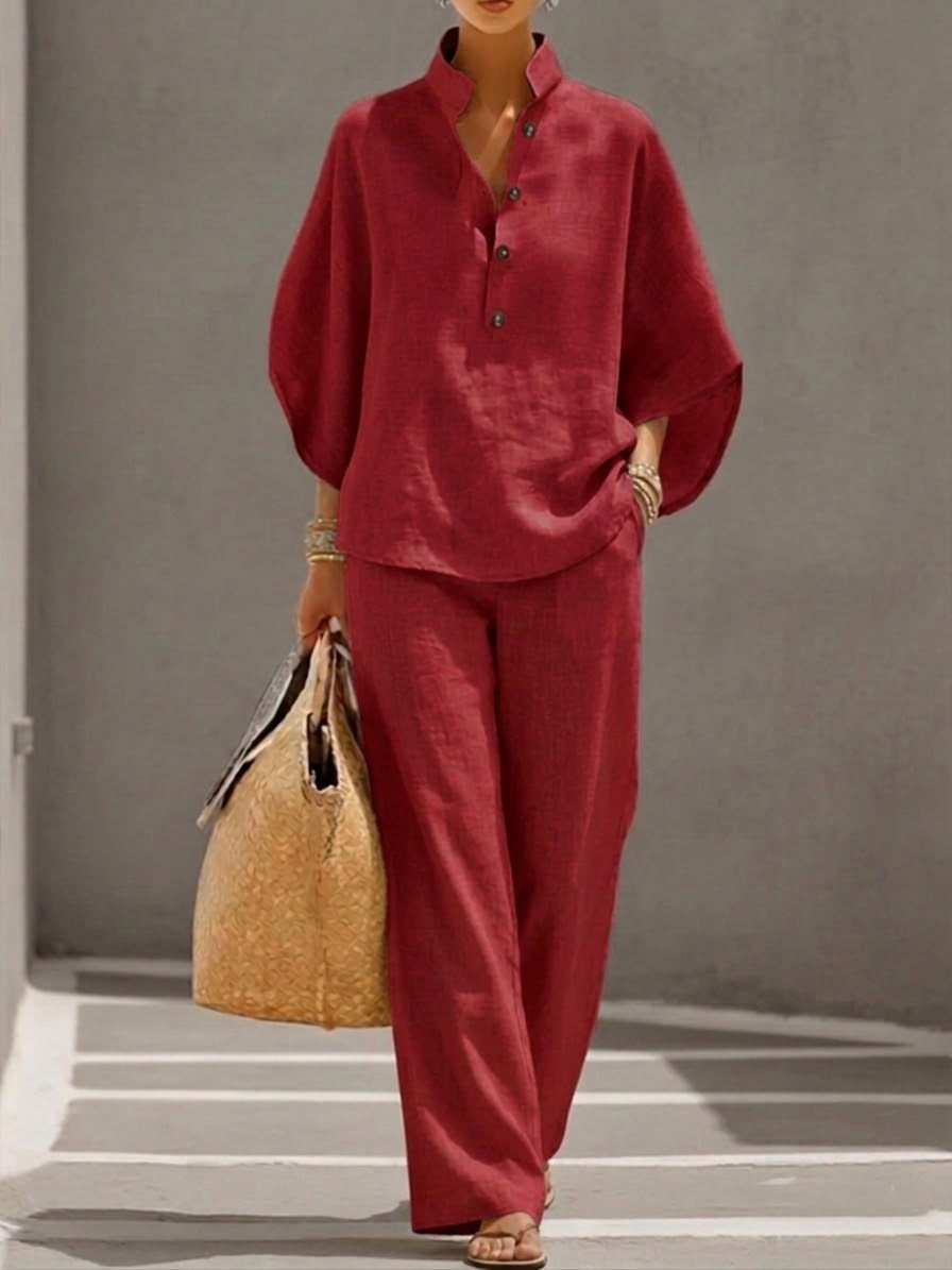 Mariel | Cotton Linen Batwing Sleeve Wide Pants Set