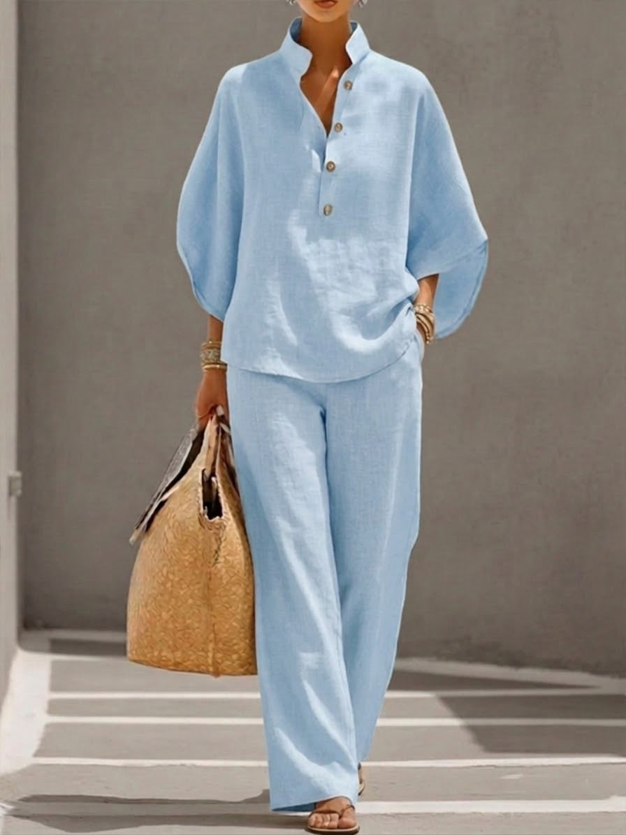 Mariel | Cotton Linen Batwing Sleeve Wide Pants Set